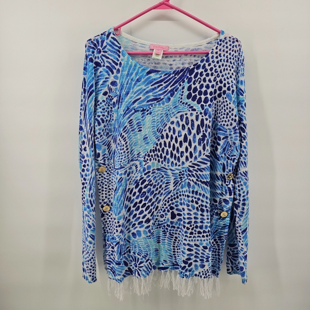 Women's Lilly Pulitzer Ramona Sweater Knit Fringe Blue Tang Gang Size M
